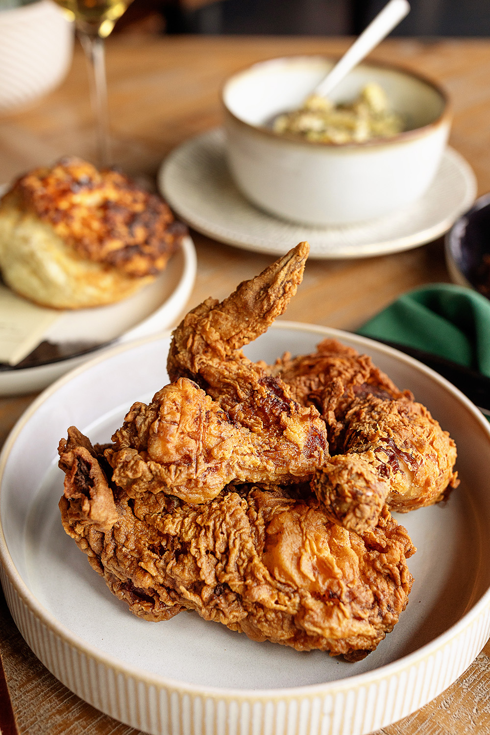 table with fried chicken plate serving