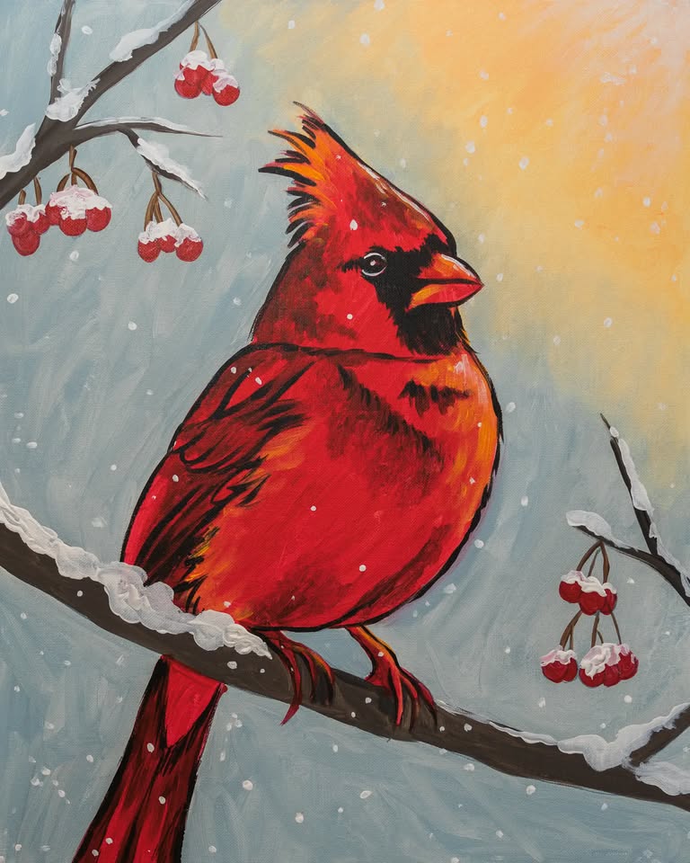 painted-cardinal-on-snowy-tree-branch