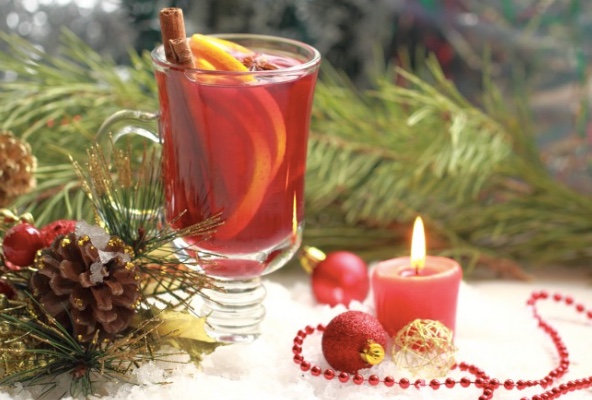wassail glass and greenery