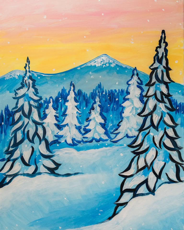 winter-painting-snowy-trees-with-yellow-sky